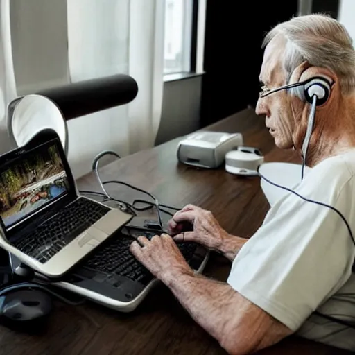 Image similar to A colored colorized real screenshot of Jerma985 as an elderly guy streaming on his computer while wearing headphones, taken in the early 2020s, taken on a 2010s Camera, realistic, hyperrealistic, very realistic, very very realistic, highly detailed, very detailed, extremely detailed, detailed, digital art, trending on artstation, headshot and bodyshot, detailed face, very detailed face, very detailed face, real, real world, in real life, realism, HD Quality, 8k resolution, intricate details, colorized photograph, colorized photon, body and headshot, body and head in view