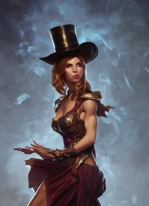 Prompt: Muscular woman in an elegant top hat dress casting a fire spell, medium-length portrait, dramatic lighting, D&D, fantasy, intricate, elegant, highly detailed, digital painting, artstation, concept art, matte, sharp focus, illustration, hearthstone, art by Artgerm and Greg Rutkowski and Alphonse Mucha