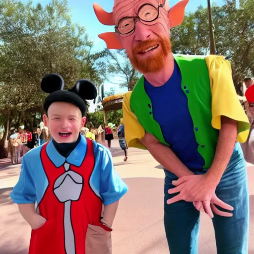 Image similar to photo of a kid with a man wearing a walter white costume in disney world, highly detailed faces, happiness