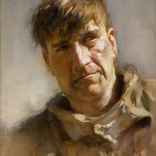 Image similar to portrait of a sad barney rubble, by jeremy mann, anders zorn.