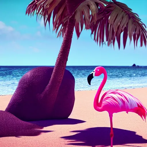 Prompt: pink flamingo with yoda ears wearing a ruffled dress on a palm tree beach, greg rutkowski and jason chan highly detailed cinematic lighting octane render unreal engine