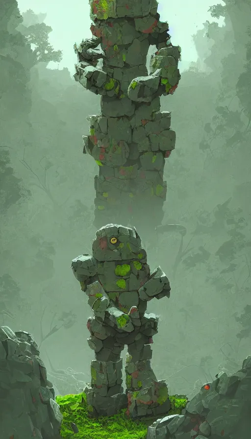 Image similar to stone golem, moss and ivy, true evil, dormant, broken, calling a traveller nearby, sharp focus, james gilleard, cinematic, game art, extremely detailed digital painting, print