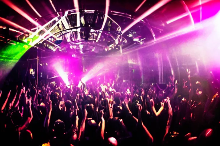 Prompt: a award winning photograph of a dj on stage spinning records with headphones looking over crowd dancing at a club, haze, moving heads light beams, spot lights, disco ball, silhouette