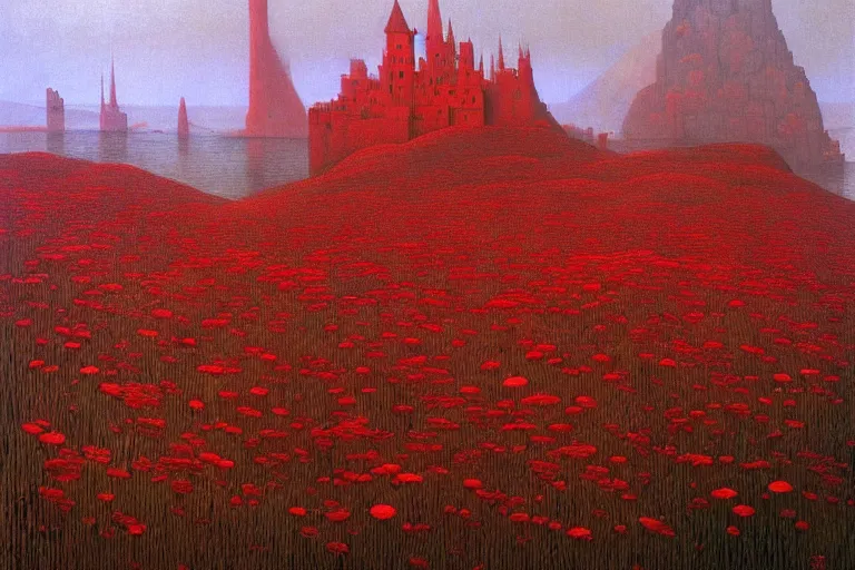 Image similar to only with red, red flowers of different types, a castle in the background, red orcs and trolls dance over the flowers, in the style of beksinski, part by hopper, part by rodcenko, part by hofbauer, intricate composition, red by caravaggio, insanely quality, highly detailed, masterpiece, red light, artstation