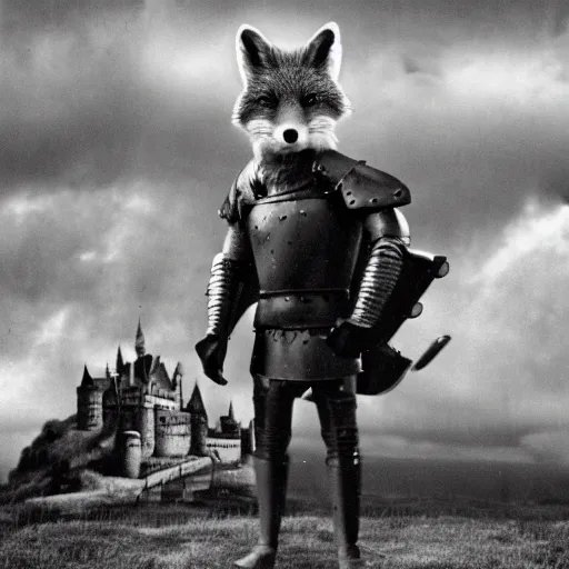 Prompt: anthropomorphic fox!! who is a medieval knight holding a swo - rd towar - ds a stormy thundercloud [ 1 9 3 0 s film still ], ( castle in the background )