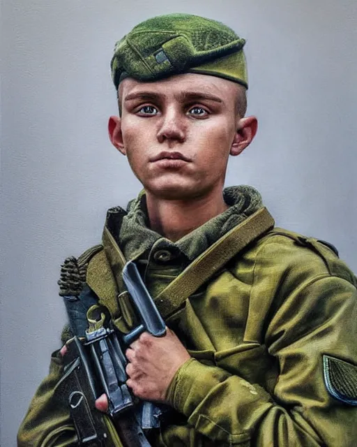 Image similar to portrait of a heroic young ukrainian soldier, art by denys tsiperko and bogdan rezunenko, hyperrealism