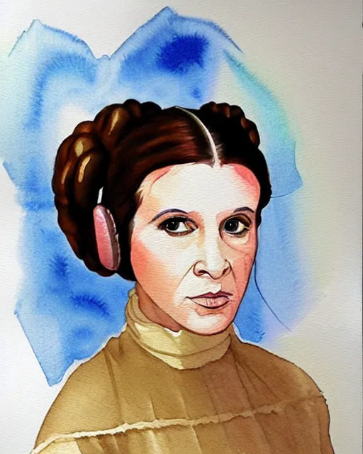 Prompt: a watercolor portrait of princess leia