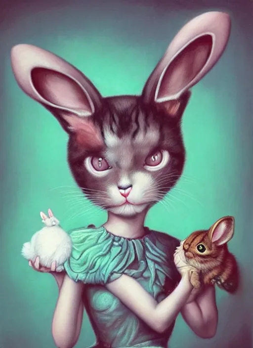 Prompt: pop surrealism, lowbrow art, realistic cute cat girl painting, holding a bunny, hyper realism, muted colours, rococo, natalie shau, loreta lux, tom bagshaw, mark ryden, trevor brown style,