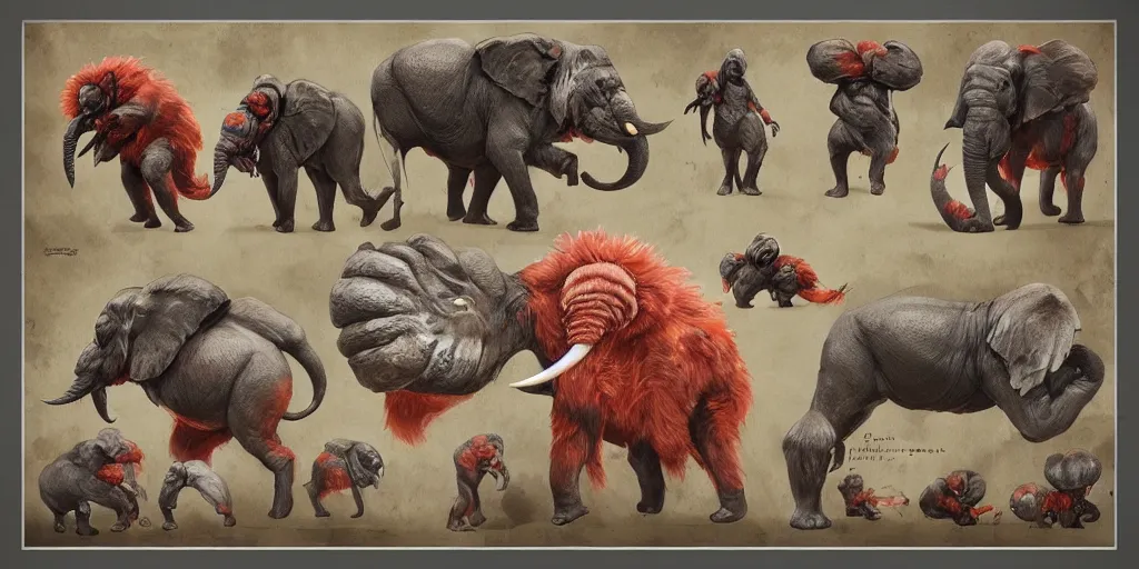 Image similar to Fungi Gorilla Elephant creature character design sheet, Monster Hunter Illustrations art book, Bright colored accent on its fur, claws, muscular, spores, Moebius, Greg Rutkowski, Zabrocki, Karlkka, Jayison Devadas, Phuoc Quan, trending on Artstation, 8K, ultra wide angle, zenith view, pincushion lens effect.