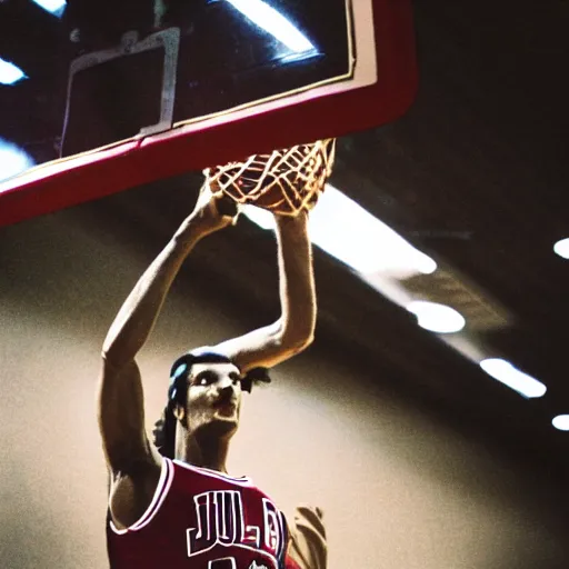 Image similar to film still of a llama in a jersey dunking a basketball like michael jordan, low angle, show from below, tilted frame, 3 5 °, dutch angle, extreme long shot, high detail, indoors, dramatic backlighting.