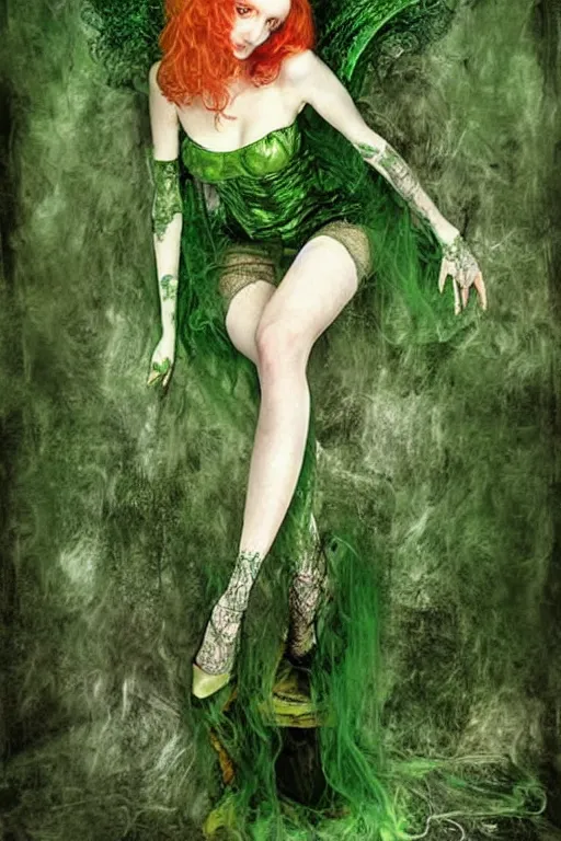 Image similar to full body portrait of lily cole as delirium from sandman, wearing a green dress and fishnet stockings by luis royo