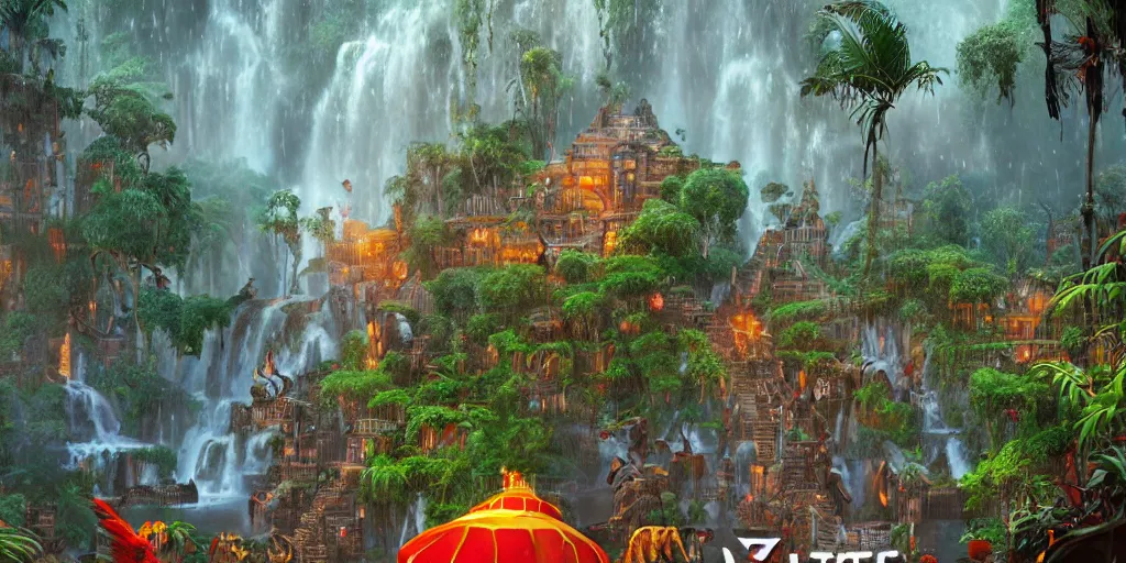 Image similar to aztec jungle village, ornate, beautiful, atmosphere, mist, vibe, smoke, beautiful, rain, reflection, pristine, puddles, waterfall, melting, dripping, wild look, mattepainting concept blizzard pixar maya engine splash comics global illumination lighting artstation, sharp focus, ilya kuvshinov, rossdraws