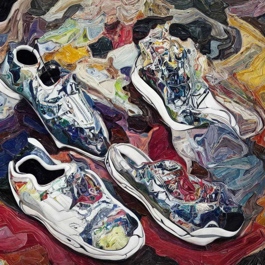 Image similar to futuristic balenciaga sneakers, nft art, highly detailed, hyper realistic, art by todd mcfarlane, by ( ( ( lucian freud ) ) ) and gregory crewdson and francis bacon