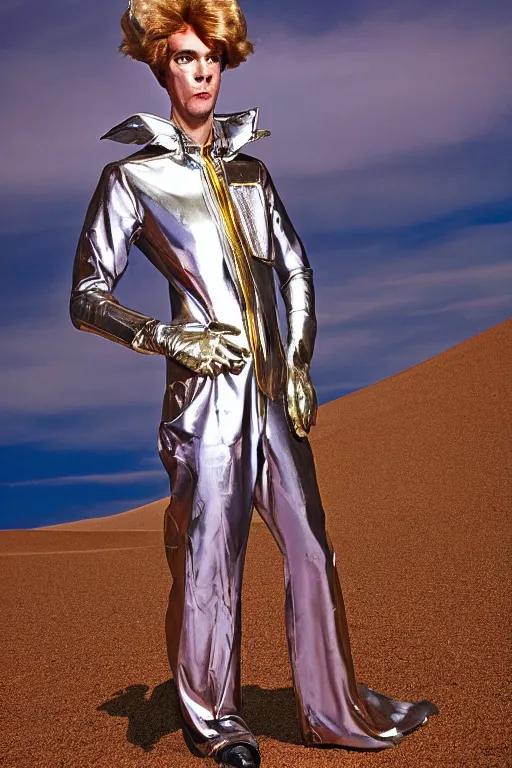 Image similar to portrait davis taylor brown dressed in 1 9 8 1 space fantasy fashion, avante garde, shiny metal, standing in a desert