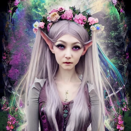 Image similar to Ethereal, mysterious stunning maximalist mesmerizing elven girl with elf ears from the rainbow sky paradise, high-tech, Victorian gothic lolita fashion, by Mark Ryden, artgerm, Hiroyuki-Mitsume Takahashi, WLOP, Goto Fujita, 奈良美智, Pixiv 3DCG, DAZ Studio, highly detailed, photorealistic, 8k resolution 3D, cinematic, dynamic lighting, octane render