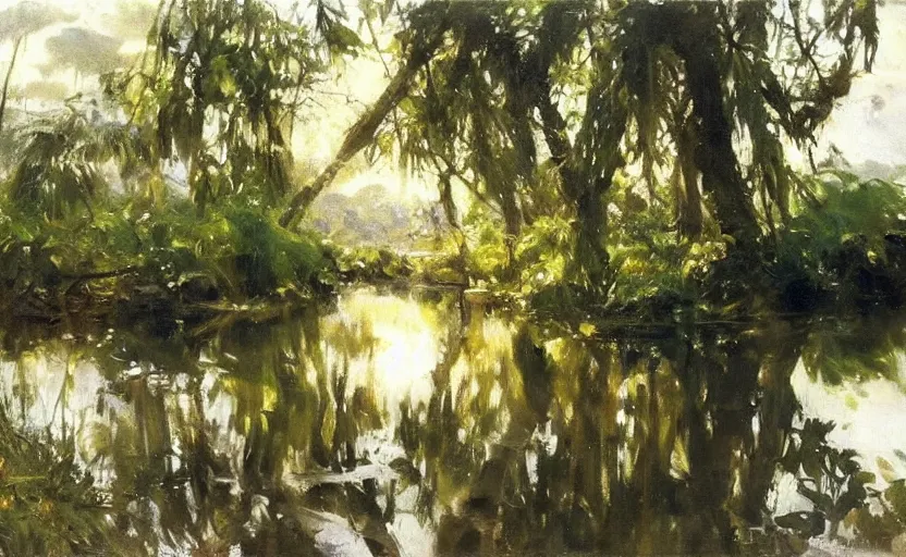 Prompt: oil painting lanscape by anders zorn, jungle nature, fruit trees, very very very very beautiful art, dramatic light, water reflections, crocodile river