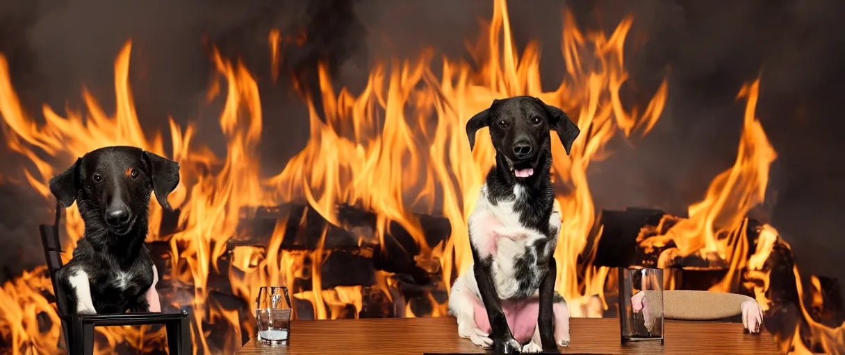 Prompt: a photograph (flash on) of a single anthropomorphic dog sitting on a chair at a dinner table (no fire at all there), very relaxed, surrounded by flames, cup of coffee on the table, huge fire on this dining room in the background, a lot of flames behind the dog, black smoke instead of the ceiling, no watermark