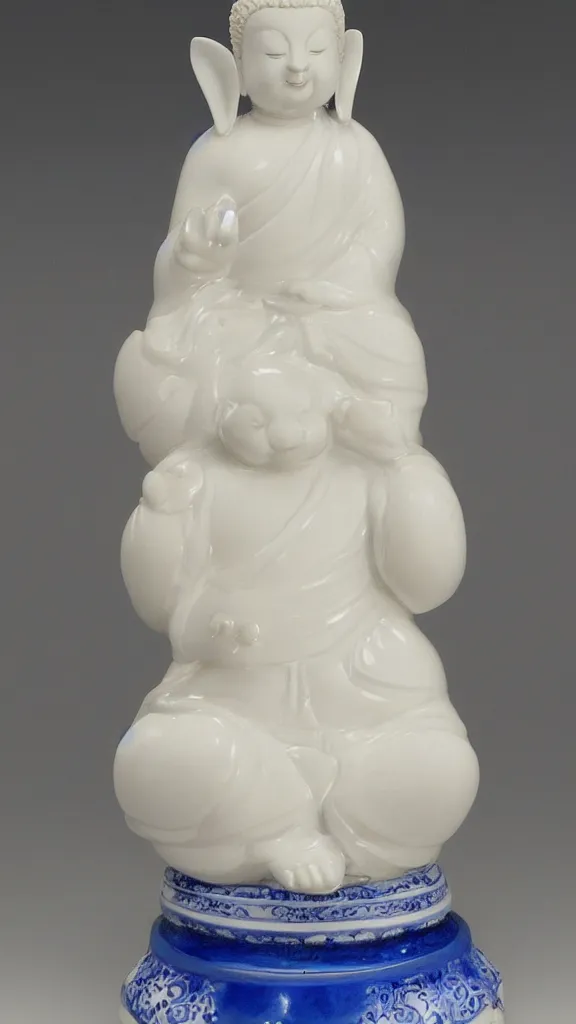 Image similar to porcelain rabbit budda statue with blue arabesque details painted by john singer sargent