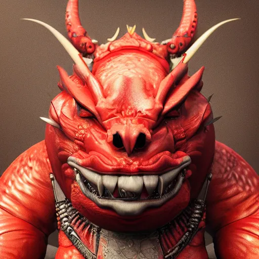 Image similar to portrait of anthropomorphic red fat dragon, no spikes, old, intricate details, octane render, unreal engine, studio light, 8 k