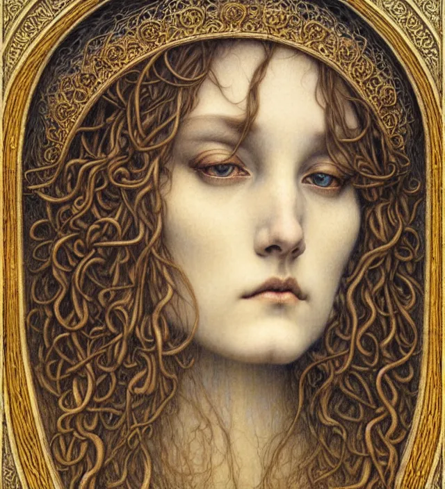 Image similar to detailed realistic beautiful young medieval queen face portrait by jean delville, gustave dore and marco mazzoni, art nouveau, symbolist, visionary, gothic, pre - raphaelite. horizontal symmetry