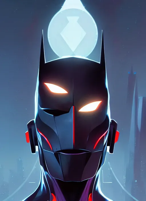 Image similar to symmetry!! portrait of batman beyond, sci - fi, tech wear, glowing lights!! intricate, elegant, highly detailed, digital painting, artstation, concept art, smooth, sharp focus, illustration, art by artgerm and greg rutkowski and alphonse mucha