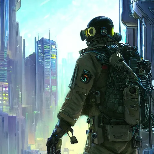 Prompt: Vernon. USN special forces futuristic recon operator, cyberpunk military hazmat suit, on patrol in the Australian autonomous zone, deserted city skyline. 2087. Concept art by James Gurney and Alphonso Mucha