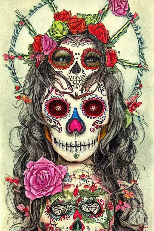 Prompt: Illustration of a sugar skull day of the dead girl, art by charles maurice detmold