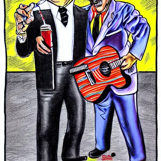 Image similar to The Artwork of R. Crumb and his Cheap Suit Elvis Impersonator, pencil and colored marker artwork, trailer-trash lifestyle