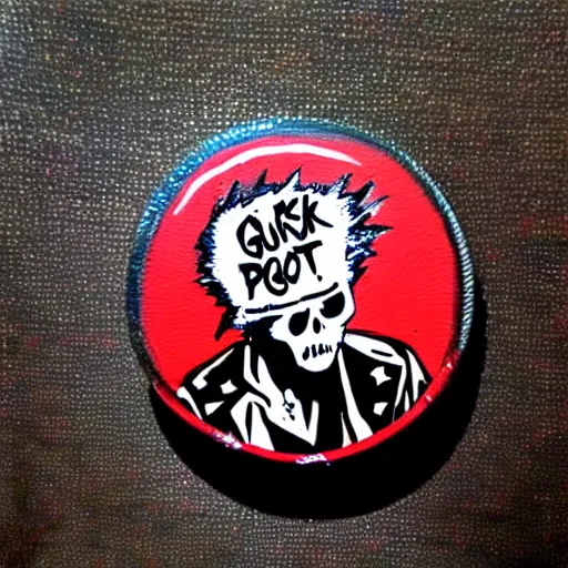 Prompt: painting on a badge, punks not dead!, exploited!!, clash, junk yard, rats!!, god save the queen, punk rock album cover art style, grunge, no future