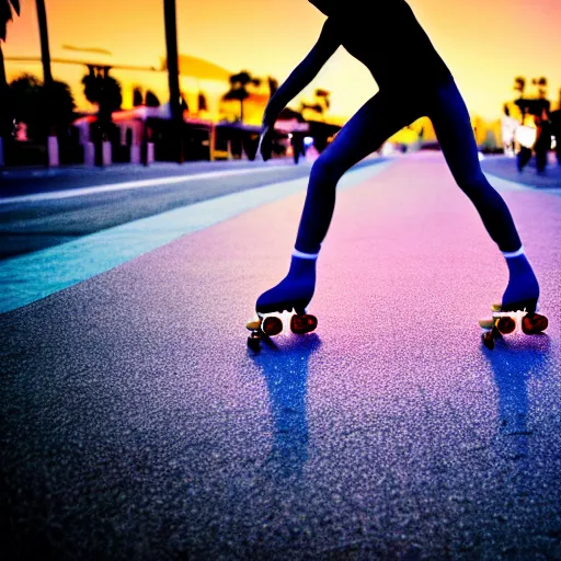 Image similar to a roller skater in a cinematic closeup. in santa monica at blue hour. canon eos c 3 0 0, ƒ 1. 8, 3 5 mm. 8 k. medium - format print. inspired by roger deakins cinematography