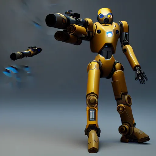 Image similar to a droid sniper hero from overwatch, dark golden armor, design, octane render, 4 k, ingame shot, very detailed