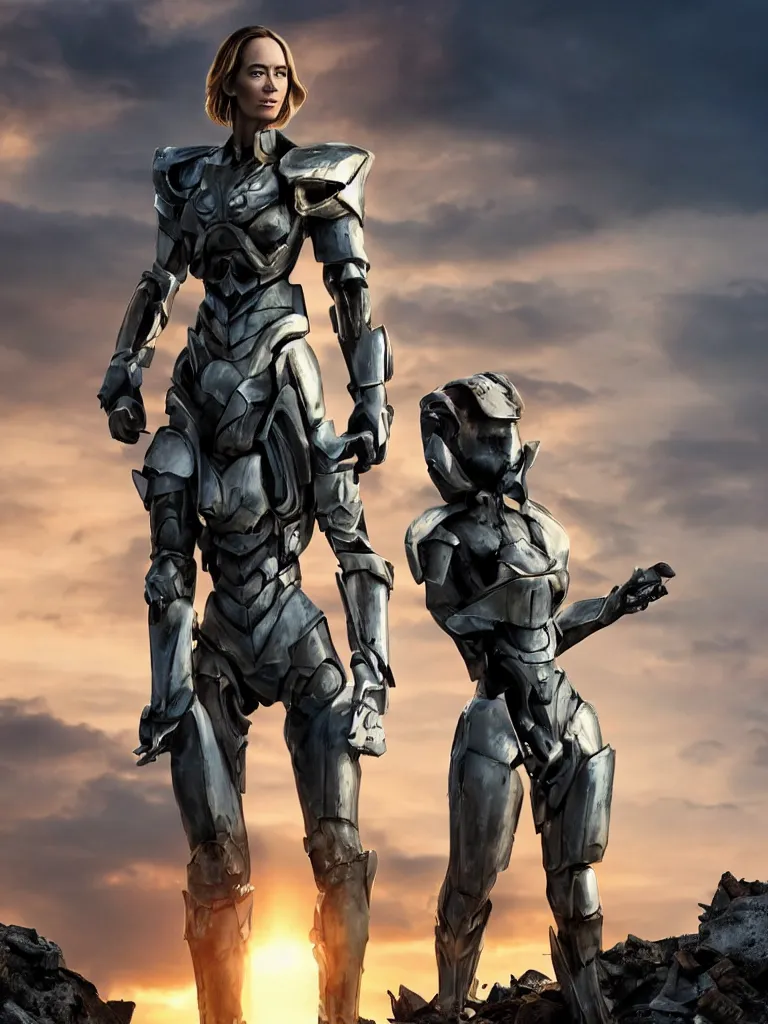 Image similar to emily blunt in futuristic power armor, by herself, holding a sword on her shoulder, standing atop a pile of rubble, sunset and big clouds behind her