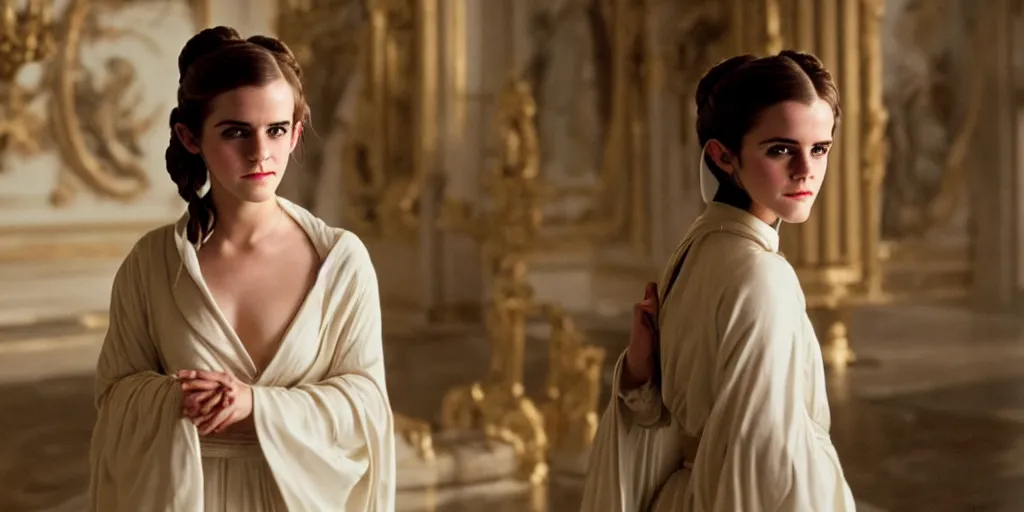 Prompt: Emma Watson as Princess Leia long hair flowing robes baroque room cinematic lighting stanley kubrick barry lyndon Canon eos M50 200mm