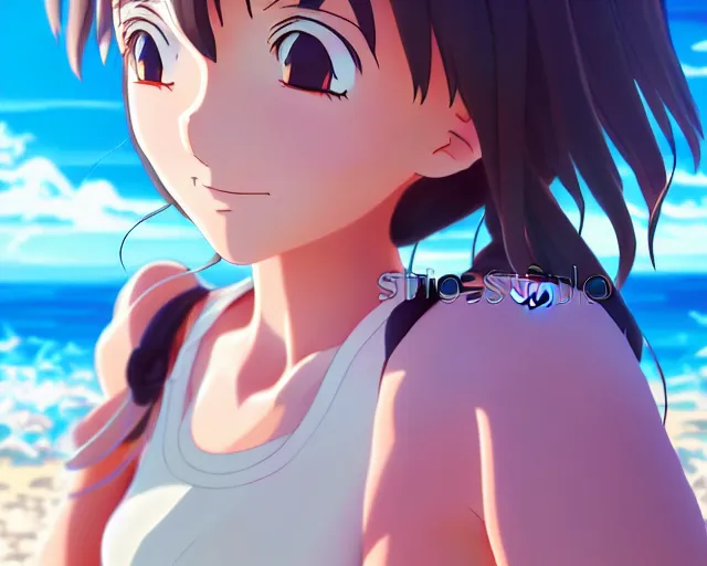 Image similar to anime fine details portrait of joyful girl at beach anime masterpiece by Studio Ghibli. 8k render, sharp high quality anime illustration in style of Ghibli, artstation