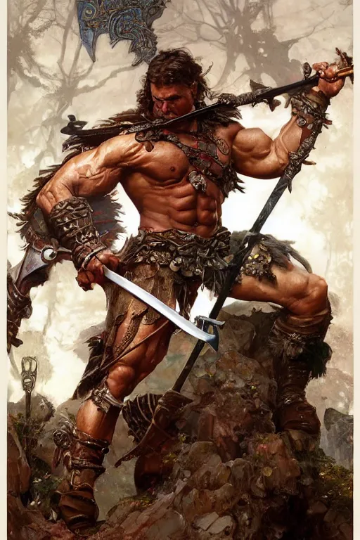 Image similar to full body image of muscular male barbarian holding sword in the air, intricate details, large sword, by Stanley Artgerm Lau, by greg rutkowski, by thomas kindkade, by alphonse mucha, loish, by norman rockwell J.