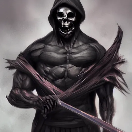 Image similar to Grim Reaper, creepy, muscled, horror, artstation