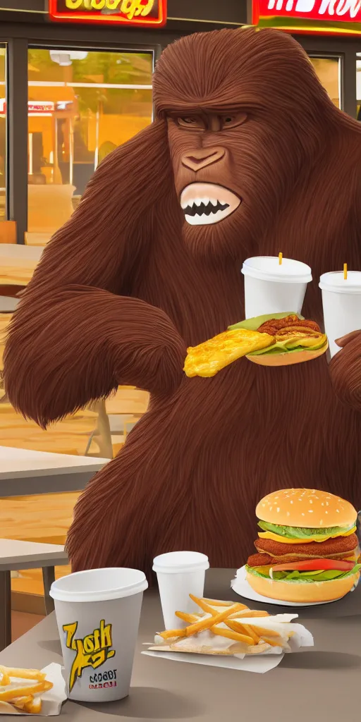 Prompt: flash photograph of bigfoot eating at a fast food restaurant, trending on artstation, 8k, highly detailed