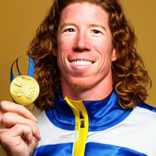 Image similar to high quality portrait of shaun white holding a gold medal with blue sky above him, rule of thirds, upper body shot, sharp focus, extremely detailed, studio photography