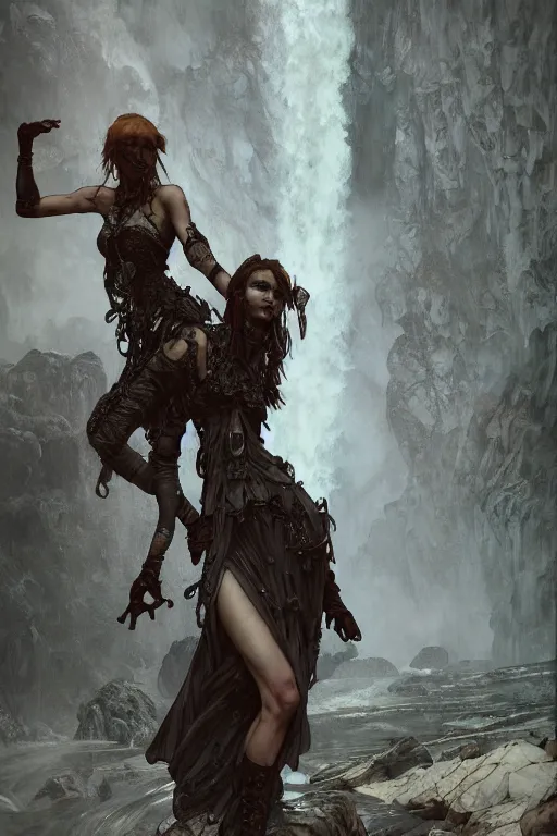 Prompt: a full body portrait of a beautiful post apocalyptic offworld nordic necromancer dancing by the waterfalls, intricate, elegant, highly detailed, digital painting, artstation, concept art, smooth, sharp focus, illustration, art by krenz cushart and artem demura and alphonse mucha