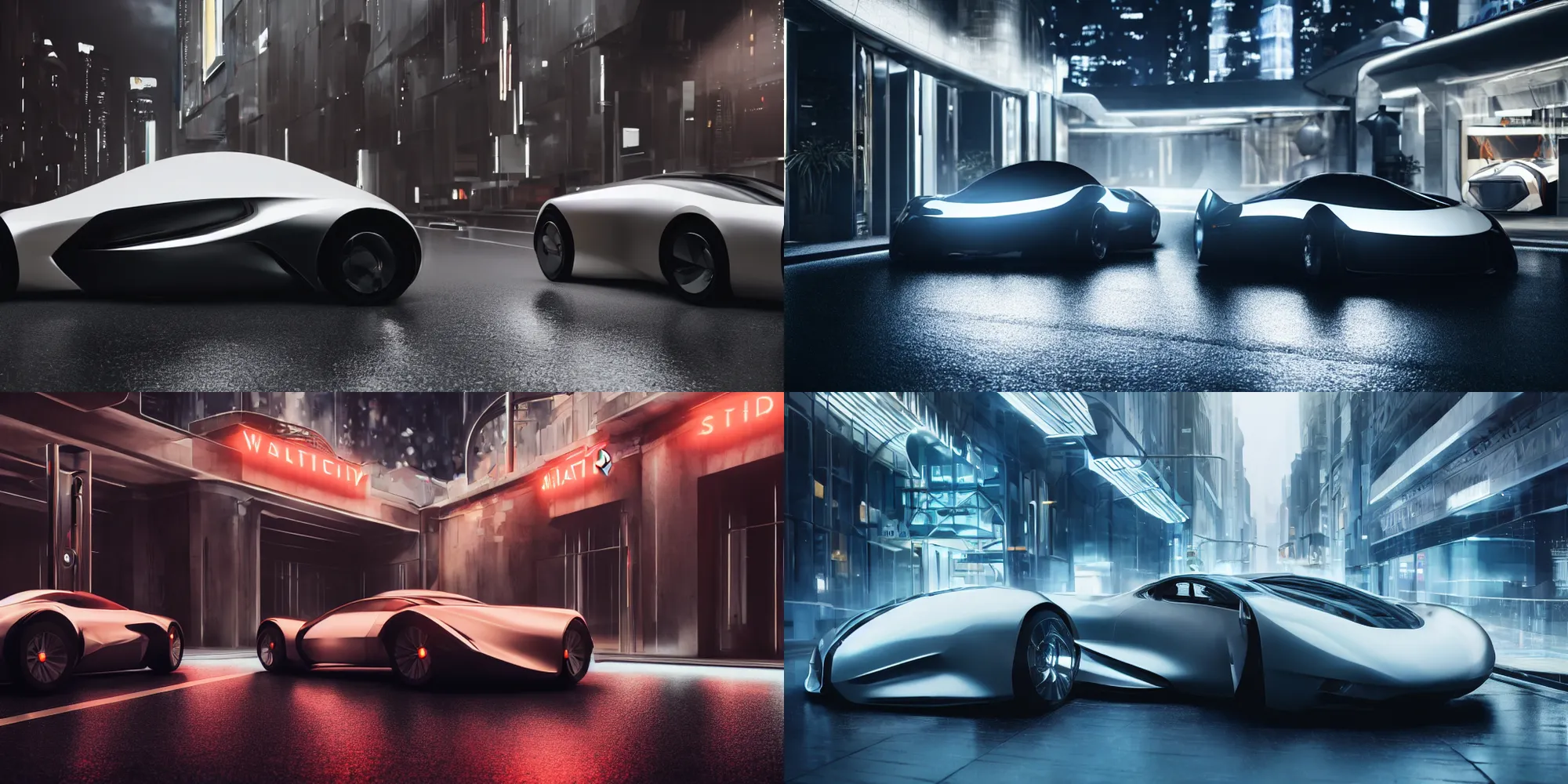Prompt: cinematic movie scene, beautiful Product shot film still of a Syd Mead futuristic modern sleek automobile with bright headlights on a wet street stopped with one door open at a valet for a fancy restaurant, hard surface modeling, volumetric soft lighting, style of Stanley Kubrick cinematography, 8k H 768