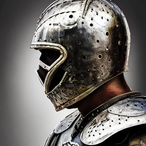 Image similar to portrait of cristano ronaldo wearing heavy shiny armor with no helmet, gladiator style, clouded, detailed, intricate, realistic, hdr, 8 k