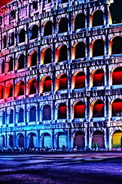 Prompt: neon streets of rome colosseum, 4 k, award winning photo