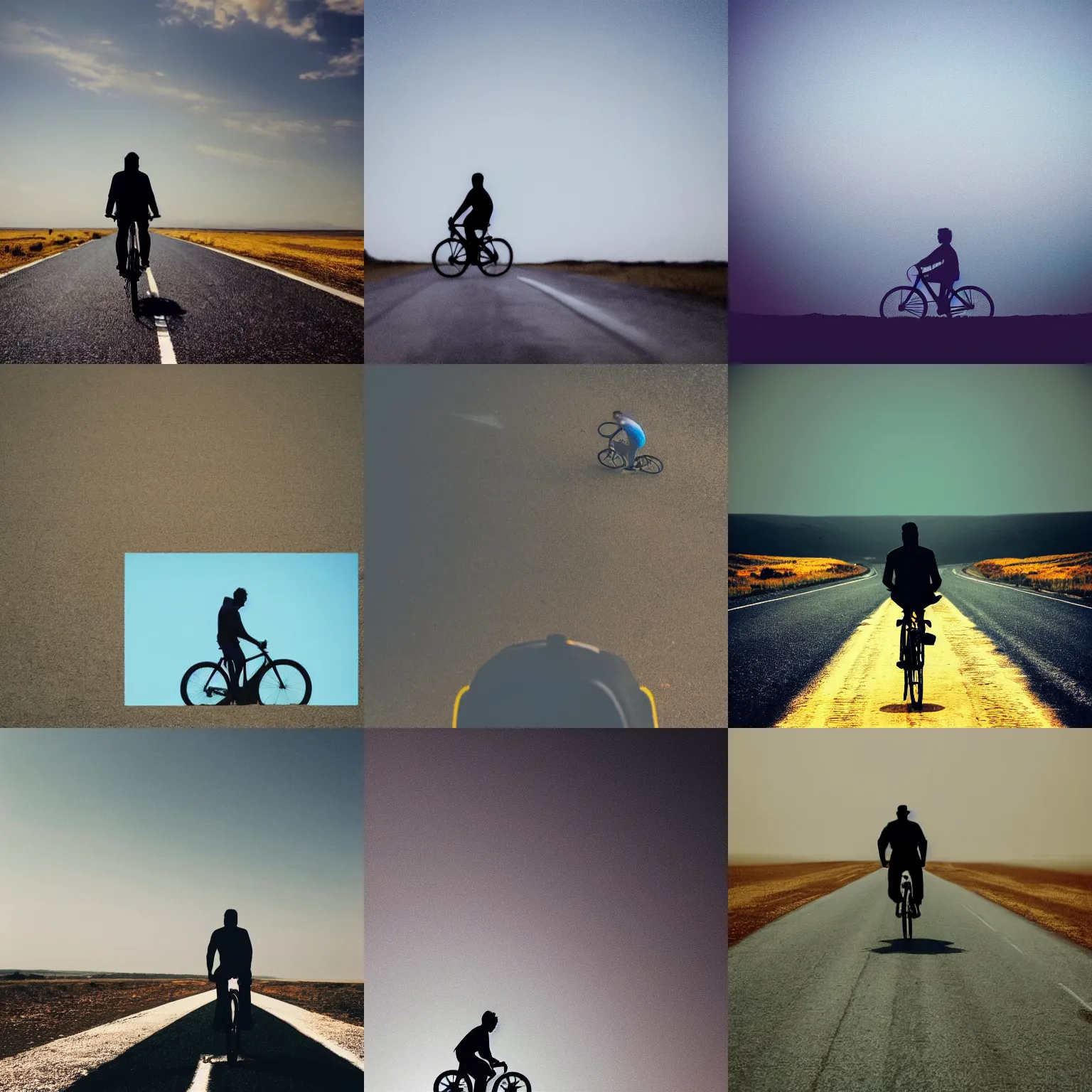 Prompt: high detail photo of a silhouette of a man riding a bicycle on a long road, behind him is a big blue planet, cinematic, atmospheric, spooky, hazy, 8k, tranquil, desolate