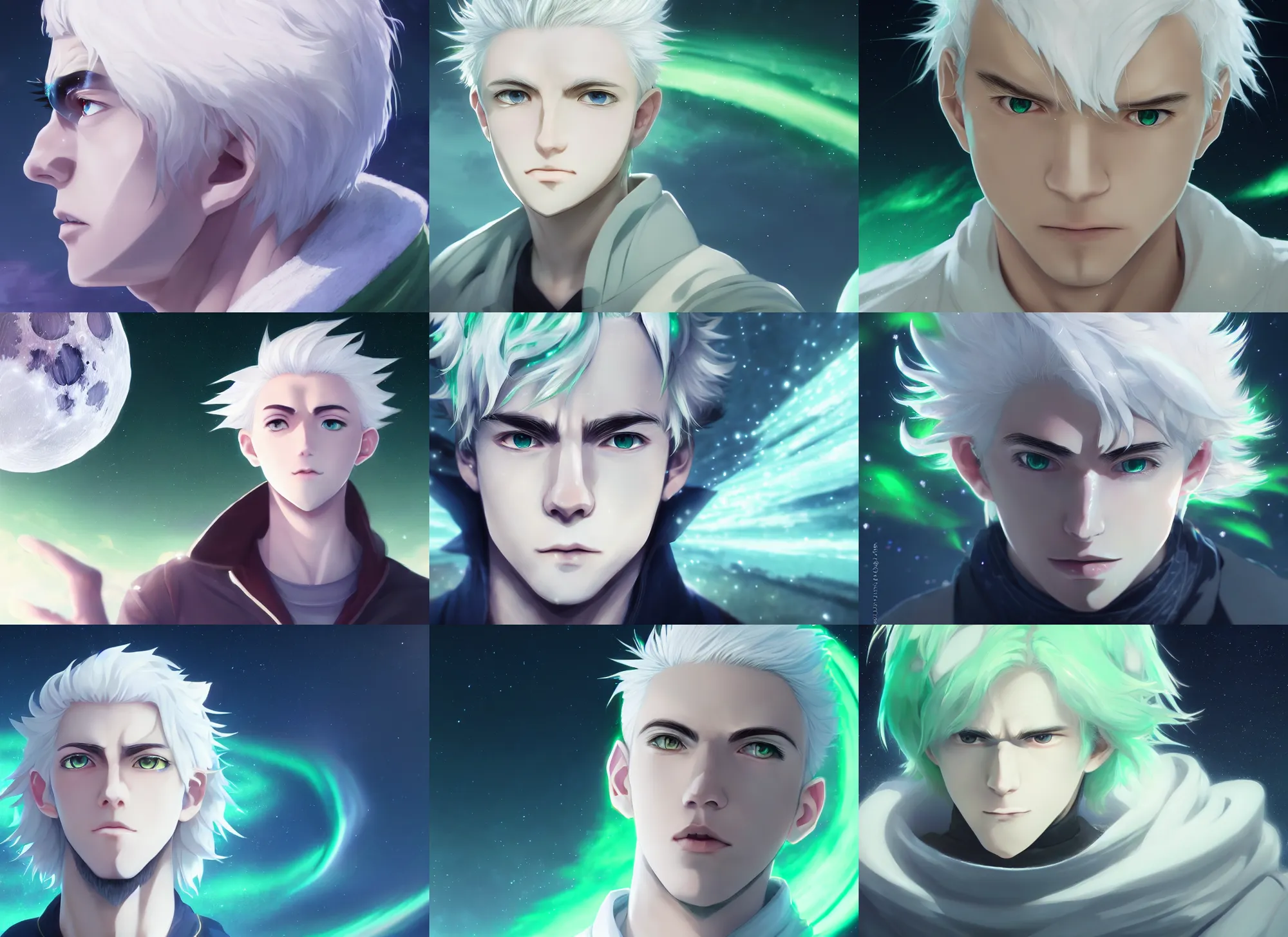 Prompt: white haired young guy with green eyes on the moon, aurora, stunning anime face portrait, high symmetry, close look, octane engine, makoto shinkai, genshin impact, art, hyper detailed, close shot, light blur
