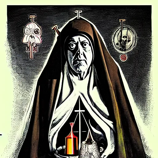 Image similar to graphic illustration, creative design, aleister crowley as a nun, biopunk, francis bacon, highly detailed, hunter s thompson, mixed media