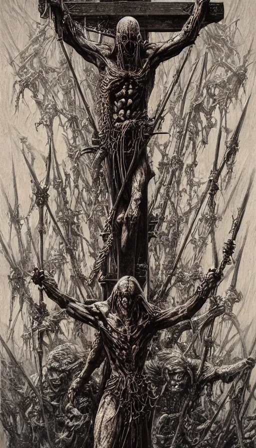 Prompt: Scorn themed painting of unholy darkness crucifixion concept, intricate artwork by H.R. Giger, Johnatan Wayshak, Zdizslaw Beksinski, Ayami Kojima, Amano, Karol Bak, Moebius, and Mark Brooks, Neo-Gothic, gothic, rich deep colors, art by Takato Yamamoto, masterpiece, face by Artgerm, very coherent artwork, cinematic, hyper realism, high detail, octane render, unreal engine, 8k, High contrast, golden ratio, trending on cgsociety