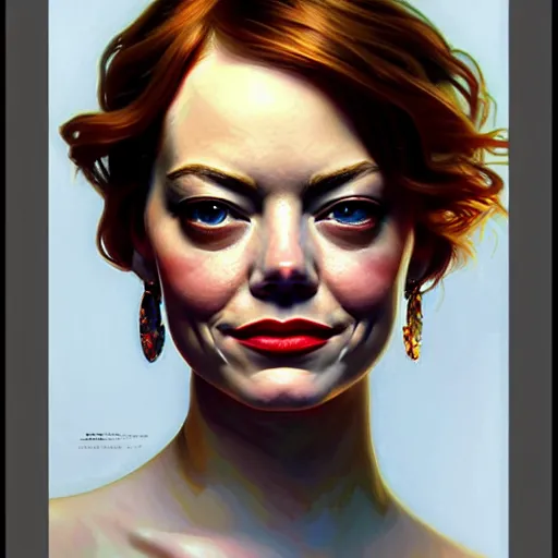 Prompt: oil portrait of emma stone, intricate, elegant, highly detailed, lighting, painting, artstation, smooth, illustration, art by greg rutowski and alphonse mucha