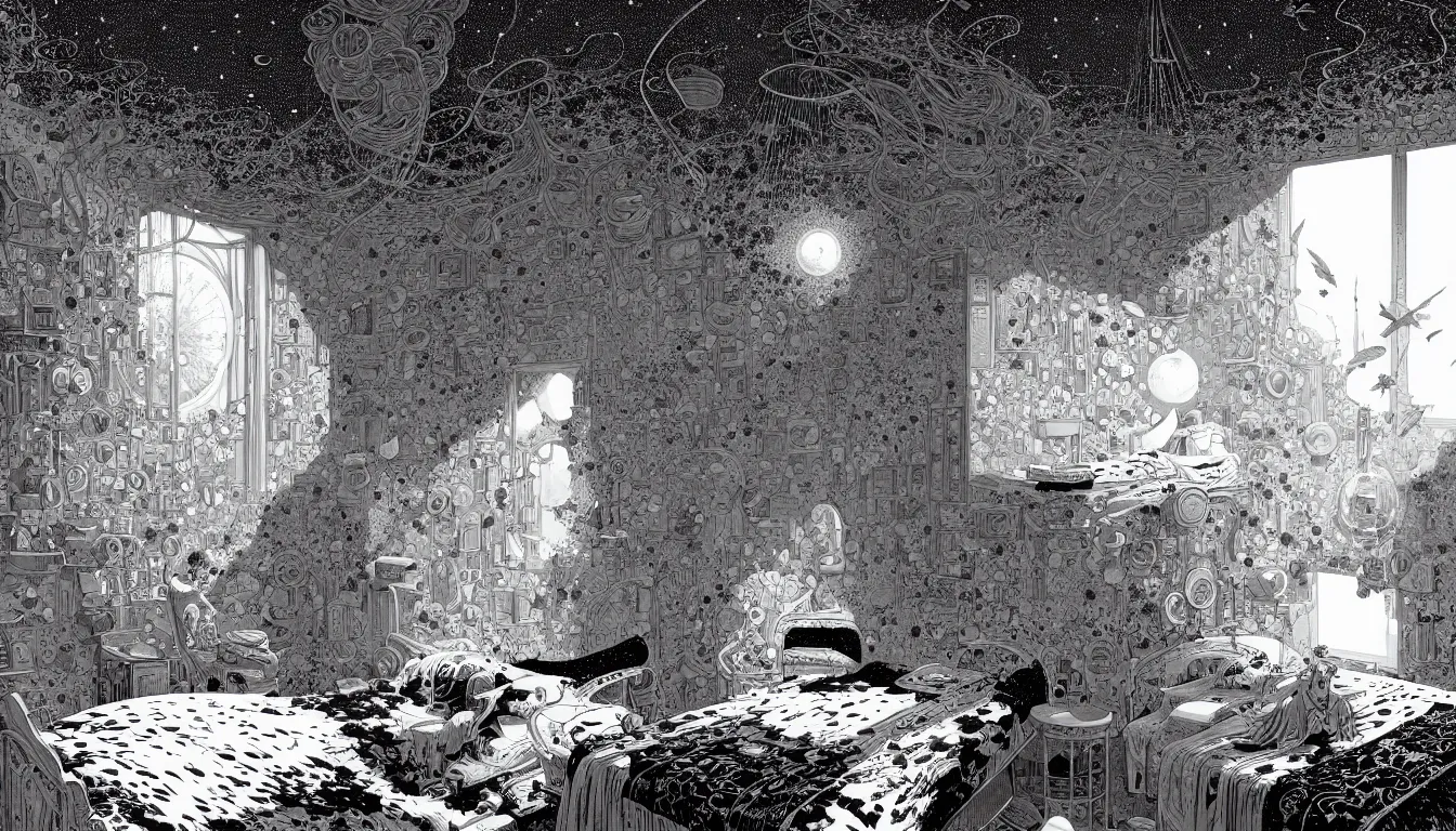 Image similar to bedroom by nicolas delort, moebius, victo ngai, josan gonzalez, kilian eng