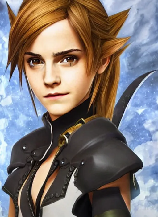 Image similar to Emma Watson as a kingdom hearts character, square enix painted official artwork, intricate, highly detailed, epic, awesome, dramatic lighting, patterns