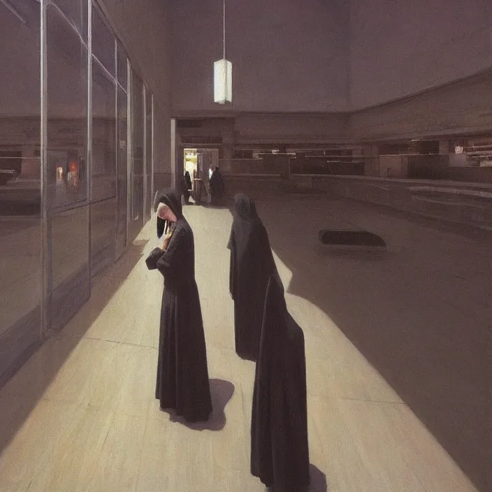 Image similar to woman in black robes, short skirt, in magnificent shopping mall, oil painting by edward hopper, zdislav beksinski, wayne barlowe